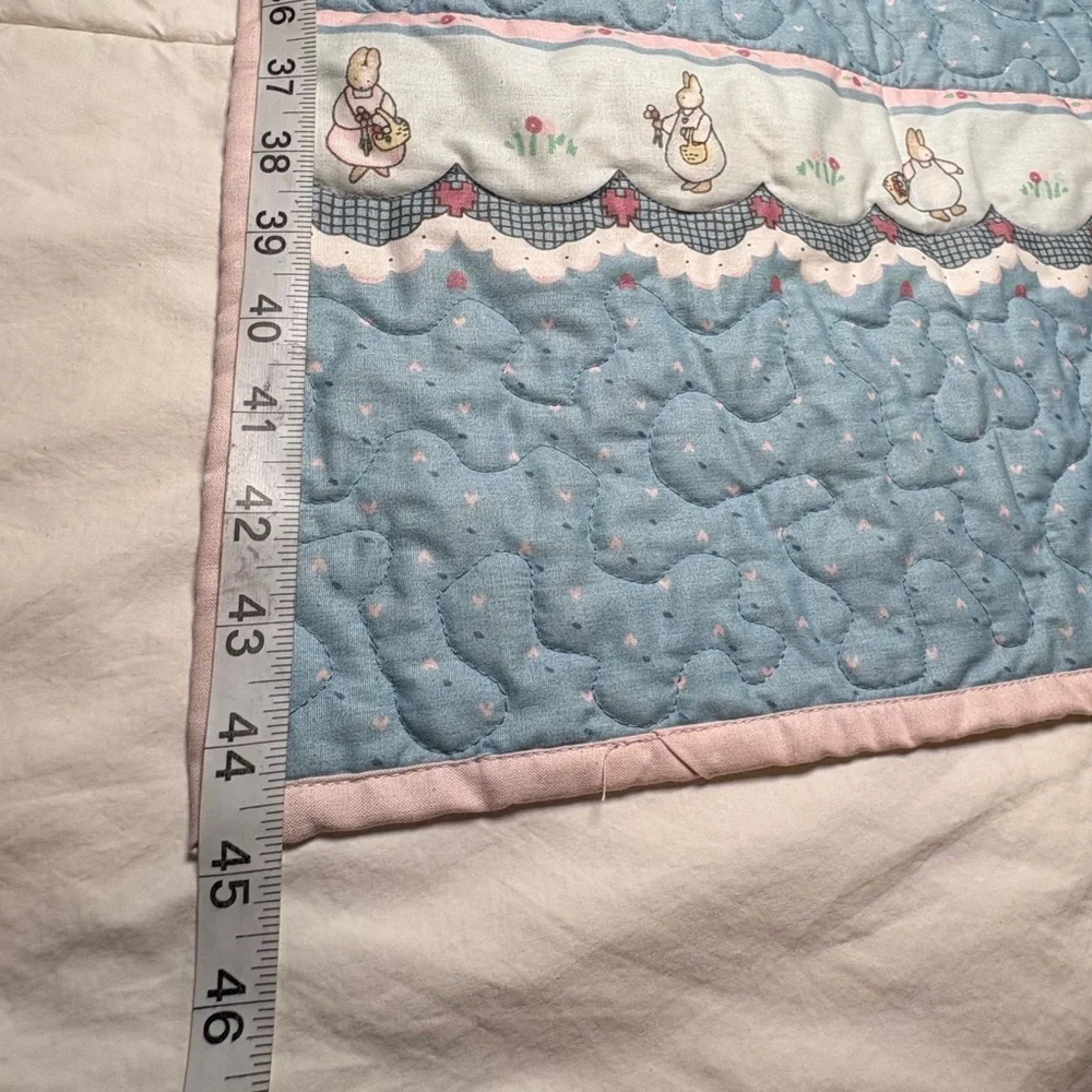 Adorable Pink and Baby Blue Quilted Bunny Trim Baby Blanket